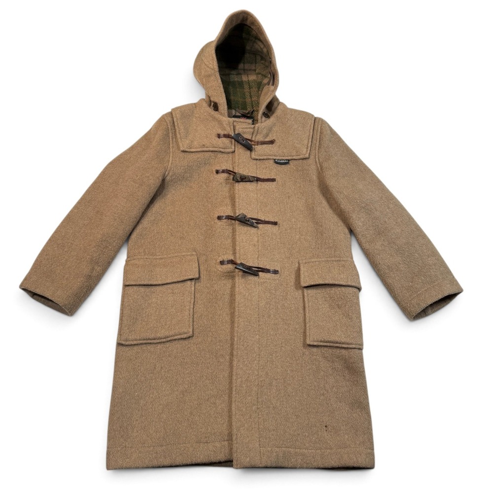 Vintage Gloverall Duffle Coat Tan Wool Blend Made in England Hooded Toggle Sz 38